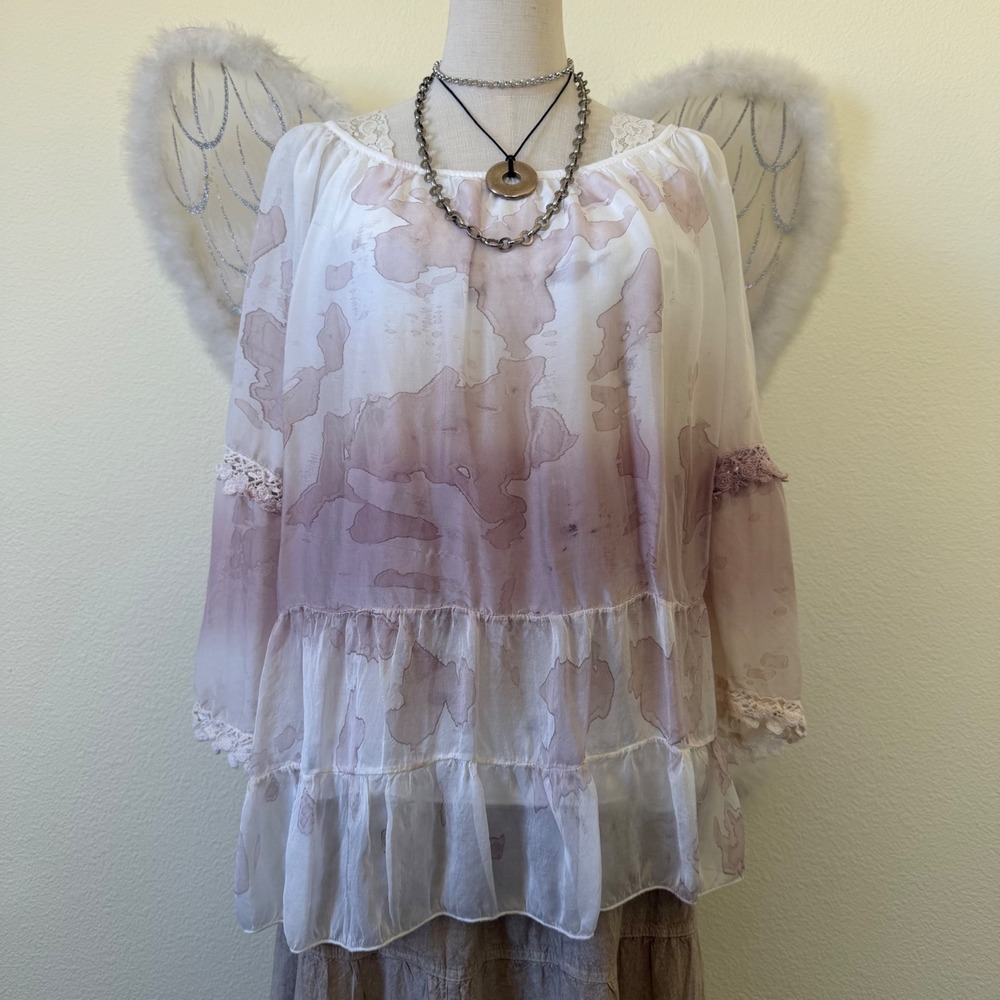 Romantic Feminine Silk Blend Tiered Peasant Blouse Pink Ombre Lace Funky Pastel‎